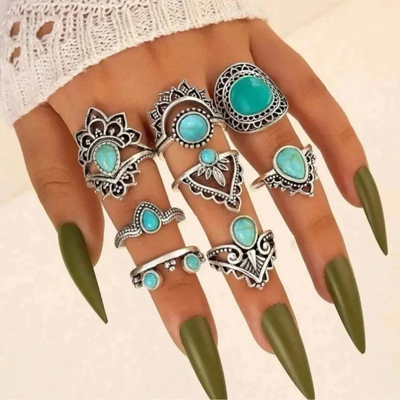 1 LEFT! 8 piece Silver & Turquoise Bohemian Ring Set - Picture 1 of 5